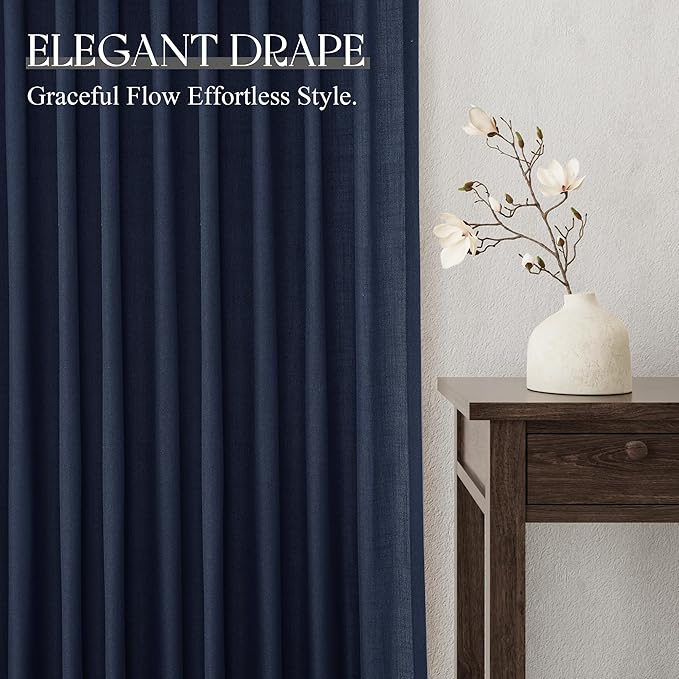 Jowels Navy Linen Curtains 84 Inch Long 2 Panels for Living Room | Navy Blue Light Filtering Semi Sheer Curtain,Back Tab Pocket Pleated Look,Boho Textured Privacy Drapes for Bedroom Window