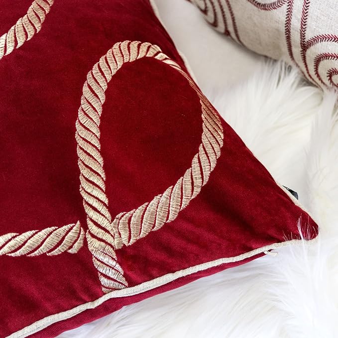 Embroidery Red Velvet Throw Pillow Cover, Merry Christmas Series Gift Knot Luxury Soft Fuzzy Cozy Warm Slik Gift Square Couch Cushion Pillow Case 20 x 20 Inch, Cover Only