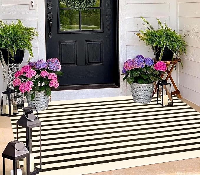 BUAGETUP Black and Beige Outdoor Rug 3'x 5',Striped Washable Porch Rug Cotton Woven Washable Rug Indoor/Outdoor Area Rug Floor Mat for Farmhouse Living Room Bedroom