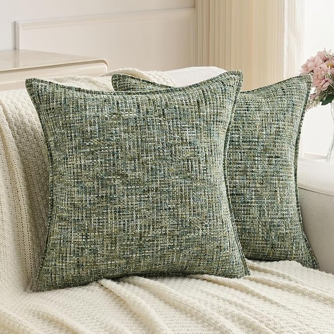 FUTEI Pack of 2 Chenille Tweed Vintage Throw Pillow Covers 22x22 Inch Soft Decorative Cushion Case Modern Farmhouse Accent for Couch Bed Living Room, Dark Green
