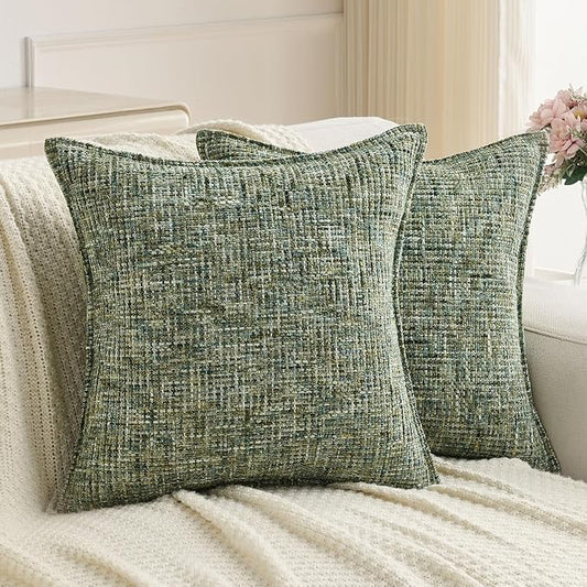 FUTEI Pack of 2 Chenille Tweed Vintage Throw Pillow Covers 22x22 Inch Soft Decorative Cushion Case Modern Farmhouse Accent for Couch Bed Living Room, Dark Green
