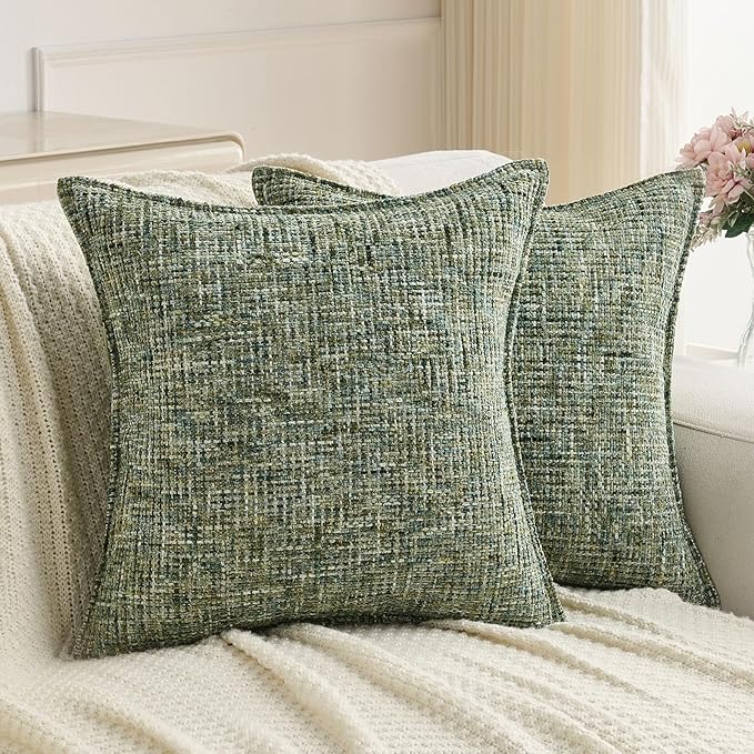 FUTEI Pack of 2 Chenille Tweed Vintage Throw Pillow Covers 20x20 Inch Soft Decorative Cushion Case Modern Farmhouse Accent for Couch Bed Living Room, Dark Green