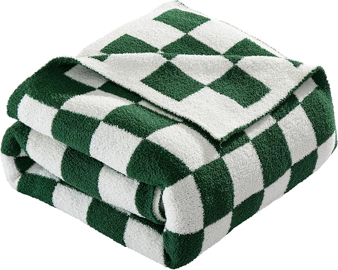 Elegant Comfort Premium Checkered Reversible Throw Blanket - Ultra Soft and Lightweight, Luxury Knitted Breathable Fleece for Couch, Bed, Sofa - Warm Velvet Fluffy Throw, 50 x 70 Inch, Hunter Green
