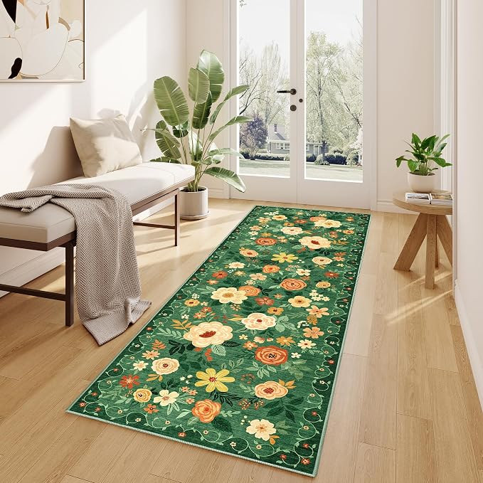 DUKINO 2.6x8 Runner Rug, Washable Rug for Hallway Non Slip, Dark Green | Low Pile, Soft, Floral Indoor Rug for Kitchen, Entryway, Bedroom, Bathroom, Pet Friendly, Stain Resistant, Modern Home Decor