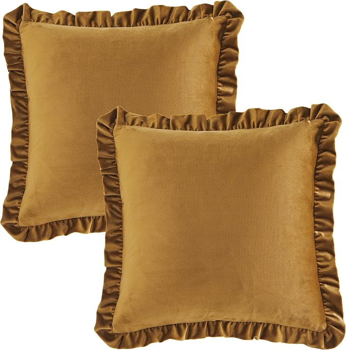 GIGIZAZA Pack of 2 Dark Gold Throw Pillow Covers 18x18 Decorative Ruffle Velvet Cushion Cover for Couch Pillowcase