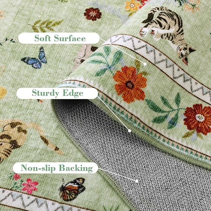 AIMPEAK Green 2x3 Washable Door Mat - Non Slip Low Pile Cat Floral Boho Small Area Rug for Entryway, Kitchen, Front Door, Indoor Entrance, Kids Room Throw Rug Carpet, Green Multi