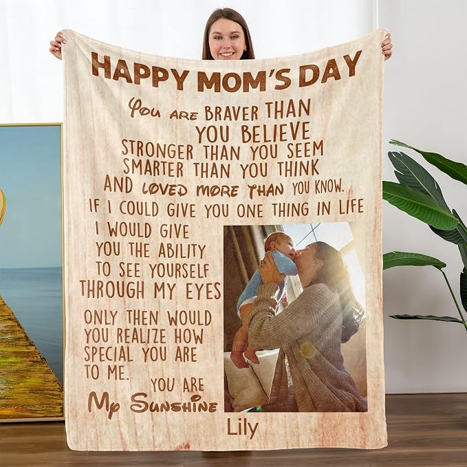 TURMTF Custom Photo Blanket with Name for Mom, Mothers Day Birthday for Mom from Daughter Son, Meaningful Soft Flannel Throw for Couch Bed Travel, Personalized Present for Mother