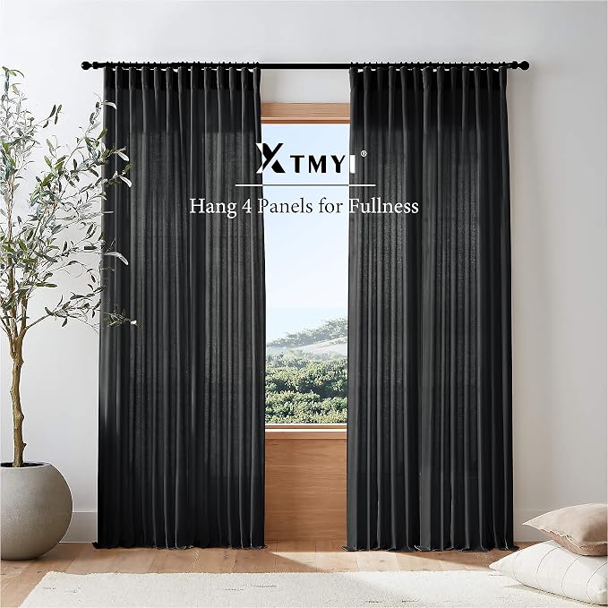 XTMYI Black Curtains 96 Inches Long for Bedroom 2 Panels Linen Sheer Lace Farmhouse Boho Gothic Curtain Drapes for Living Room Home Decor