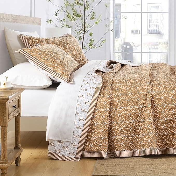 SahSahCasa Quilt Set King Size, 100% Cotton Quilt Bedding Set Bedspread, Botanical Pattern Solid Color Chic Lightweight Quilted Comforter for King Bed, White/Caramel, All Season, 3pcs