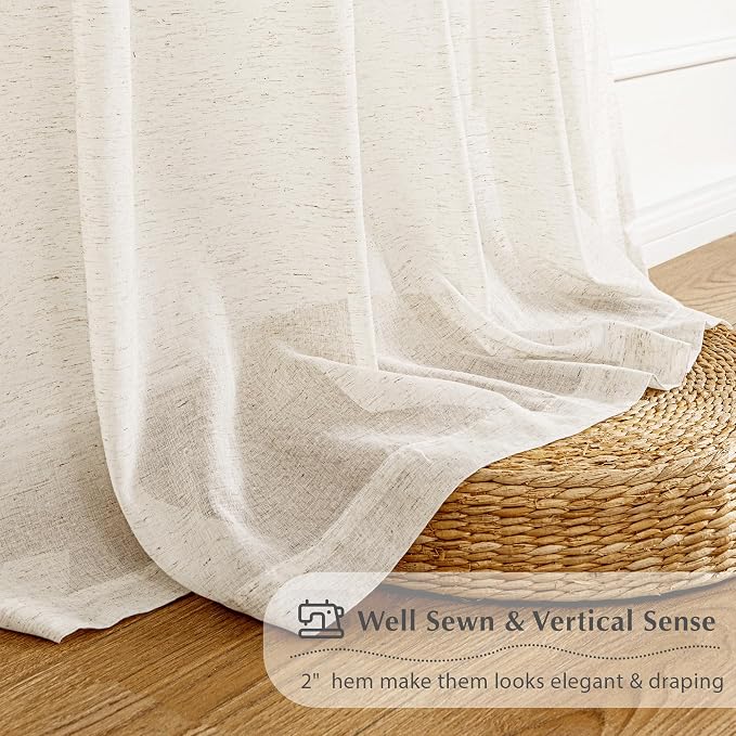 FMFUNCTEX Beige Linen Pinch Pleated Sheer Curtains, 96 Inches, 2 Panels | Natural Semi Sheer Drapes, Flax Linen, Rod Pocket, Light Filtering, Farmhouse French, Kitchen, Privacy, for Living Room