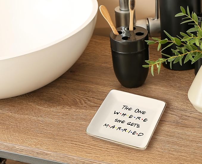 Topthink The One Where She Gets Married-Gift for Women-Engagement-Bride to Be-Newly Engaged-Bridal Shower Gift for Bride-Bachelorette Party Present-Ceramic Jewelry Holder Ring Dish Trinket Tray
