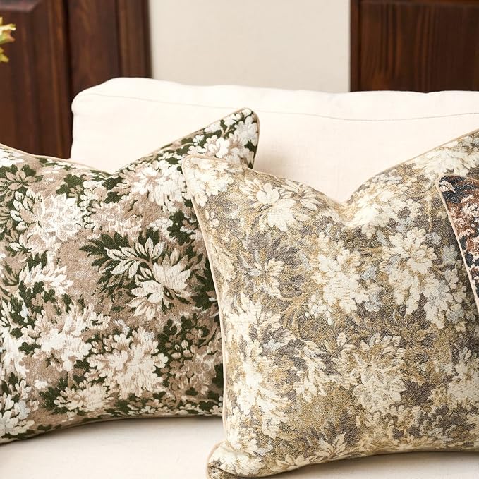 Yangest Neutral Floral Pillow Cover 24 x 24 Inches, Vintage Chenille Square Throw Pillow Cover Soft Decorative Farmhouse Accent Couch Pillow Cover for Living Room Bedroom, Green