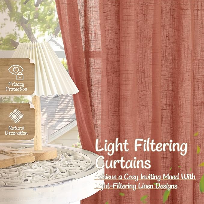 Terracotta Semi Sheer Linen Curtains 54 Inch Length 2 Panels | Light Filtering Bedroom Curtains, Rustic Fall Decor, Drapes for Living Room, Windows, Back Tab Rod Pocket, 34 x 54 Inch