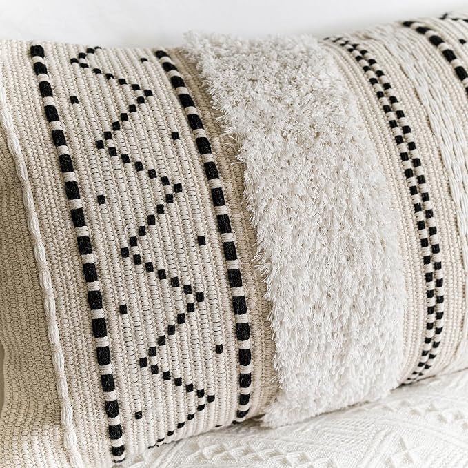 BlissBlush 12x20 Lumbar Pillow Cover, Cream Neutral Rectangular Decorative Cushion Cover with Black Pattern, Cotton Boho Accent Pillowcase with Tassels for Couch Sofa Living Room (Cover Only)
