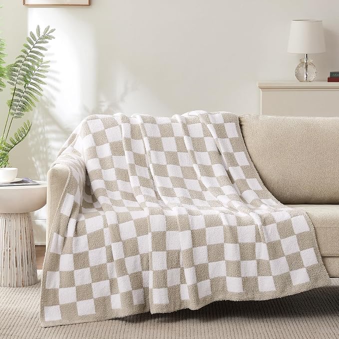 Checkered Throw Blanket for Couch, Soft Cozy Warm Knitted Blankets | Lightweight Fuzzy Travel Warm Decor for Women, Mom, Girls, Sofa, Chair, 60x80in, Taupe