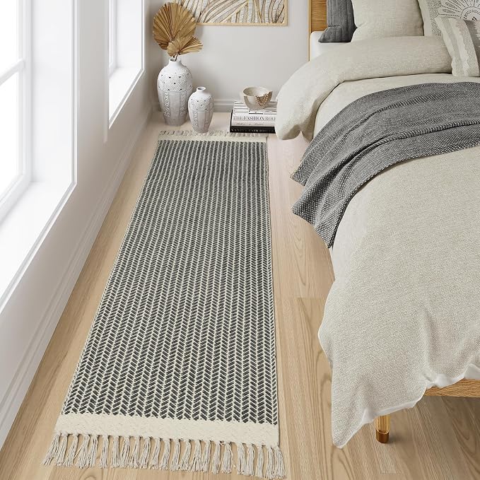 Lahome Boho Bathroom Runner Rug, 2x7 Washable Rugs for Hallway Kitchen | Woven Cotton Grey Bath Mats with Tassels, Farmhouse Decor Non Shedding Lightweight Carpet for Bedroom Laundry Room Entryway