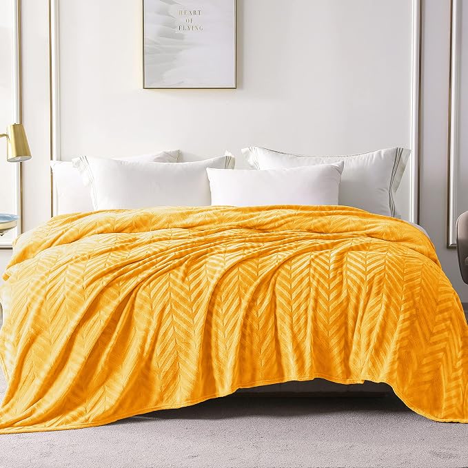 Whale Flotilla Flannel Fleece Bed Blanket Queen Size, Lemon Yellow | Lightweight Breathable Soft Bedspread, Plush Fluffy Coverlet Chevron Design Decorative Blanket for All Season, 90x90 Inch