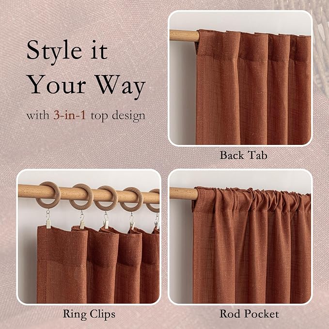 MYSKY HOME Terracotta Curtains for Bedroom Living Room 84 Inches Long Light Filtering Semi Sheer Boho Burnt Orange Curtains Window Drapes Privacy Back Tab Farmhouse Rustic Modern Country, 2 Panels