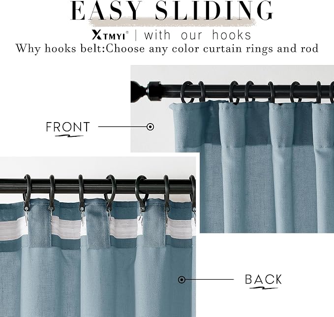 XTMYI Dusty Blue Curtains 63 Inches Long for Bedroom,Light Filtering Country Vintage Hooks Pleated Back Tab Semi Sheer Linen Curtains for Living Room 2 Panels Set,Grey Stone Blue