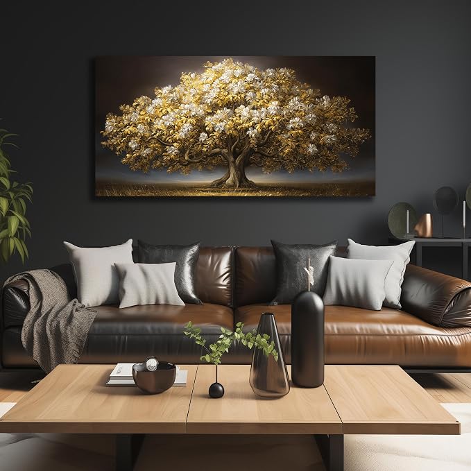DNIEOTU Large Tree Wall Art for Living Room, White Flower and Gold Leaves Canvas Wall-Decor for Bedroom, Landscape Picture Prints for Hallway Office, Size 59 x 29 Inches