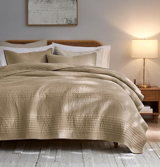 palassio Striped Dark Beige 100% Cotton Quilt Twin Size Bedding Sets, Lightweight Crinkly Channel Pick Stitch Textured Bedspread Soft Shabby Chic Farmhouse Country Coverlet for All Season, 1 Sham
