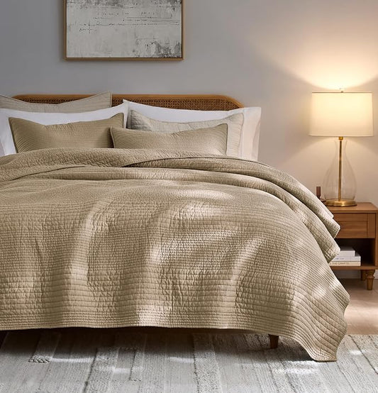 palassio Striped Dark Beige 100% Cotton Quilt Queen Size Bedding Sets, Lightweight Crinkly Channel Pick Stitch Textured Bedspread Soft Shabby Chic Farmhouse Country Coverlet for All Season, 2 Shams