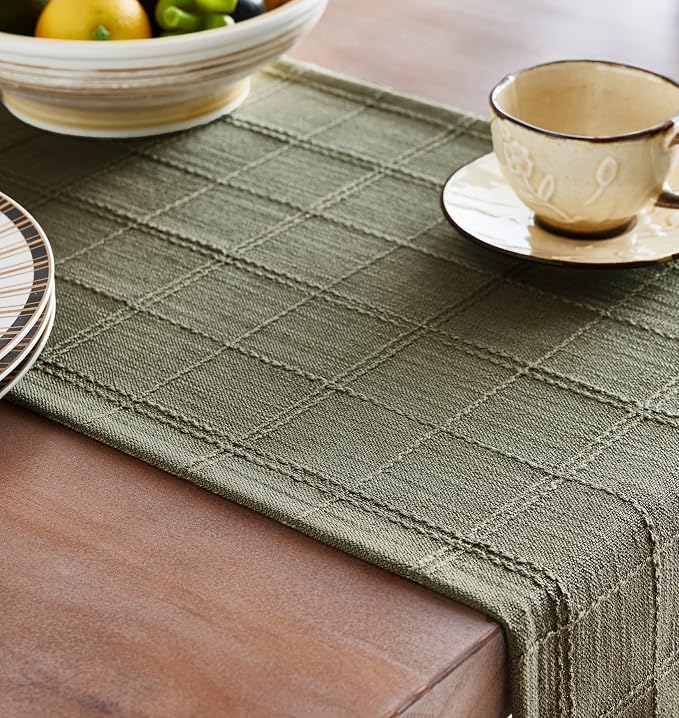 ZeeMart Linen Checked Farmhouse Table Runner, 13x90 Inches Olive | Raised Grid Design, Rich Woven Texture, Linen Blend Table Runners 90 Inches Long, Machine Washable, Boho Home Kitchen Decor