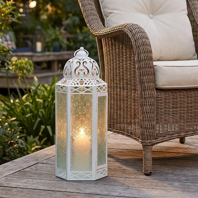 Vela Lanterns Decorative Indoor Candle Holder Table Centerpieces - Moroccan Hanging Outdoor Patio & Porch Home Decor, Turkish Floor Lamp for Wedding, Ramadan (Extra Large 16", White Glass)