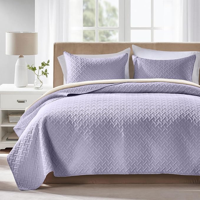 FLYMME Quilts King Size,Lightweight Lavender Bedspreads,Basket Weave Pattern,Ultra Soft Microfiber Bed Coverlet 3 Pieces for All-Seasons (1 Quilt,2 Pillow Shams)