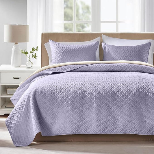 FLYMME Quilts King Size,Lightweight Lavender Bedspreads,Basket Weave Pattern,Ultra Soft Microfiber Bed Coverlet 3 Pieces for All-Seasons (1 Quilt,2 Pillow Shams)