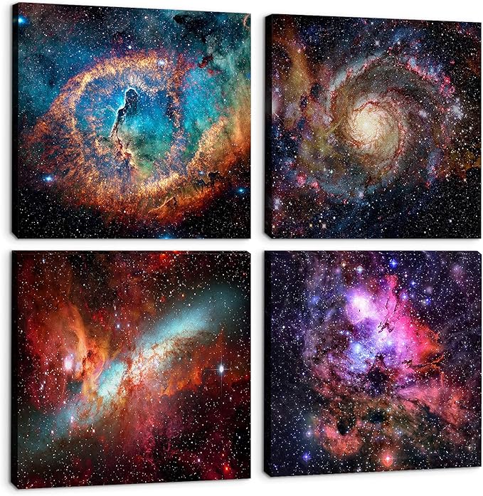 Nebula Galaxy Wall Art Painting Prints on Canvas Wall Decorations Wooden Frames Canvas 24" x 24" x 4 Panels/Set Outer Space Starlight Modern Artwork Pictures Home Wall Decor Cosmic Astronomy Posters