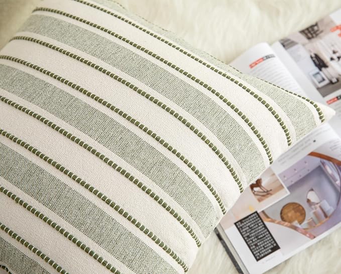 Cethom Decorative Boho Throw Pillow Covers, Farmhouse Textured Pillow Case, 20 x 20 Inch Set of 2, Chair Sofa Bedroom Living Room Home Decor Couch Cushion Case, Olive Green and Beige Striped