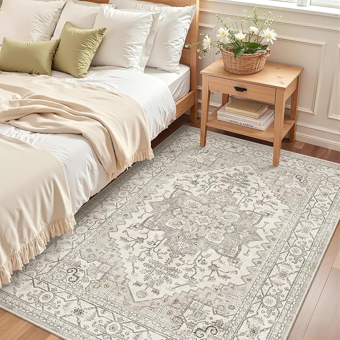 Madane Area Rug 3x5, Washable Vintage Entry Rugs for Bedroom, Beige/Brown | Vintage Entryway Bedroom Non Slip Door Mat Indoor Entrance, Kitchen Runner Living Room Laundry Playroom Soft Floor Carpets