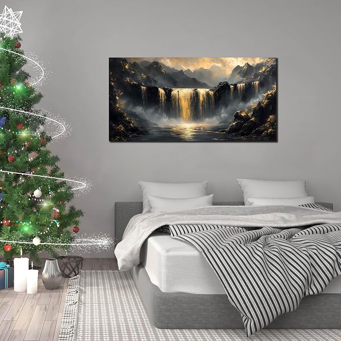 Mountain Pictures Wall Art for Living Room - Black And Gold Wall Decor Office - Modern Art Wall Decor for Bedroom Size 24" x 48"