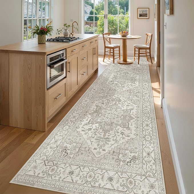 Madane Hallway Runner Rug 3x12 Washable Kitchen Runners 12ft, Beige/Brown | Vintage Non Slip Area Rugs for Hallways, Soft Low-Pile Thin Farmhouse Wide Floor Carpet for Entryway Foyer Bathroom Bedroom