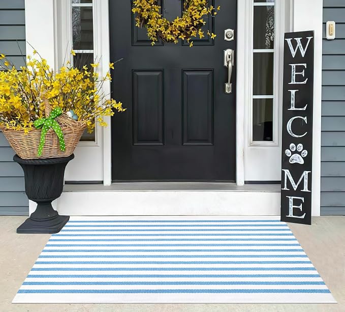 Light Blue White Striped Rug -2.3'x3.6' Front Door Rugs Outdoor, Small Washable Area Rug for Front Porch, Spring Summer Welcome Mats Outdoor Indoor, Doormat for Entryway Porch Entrance