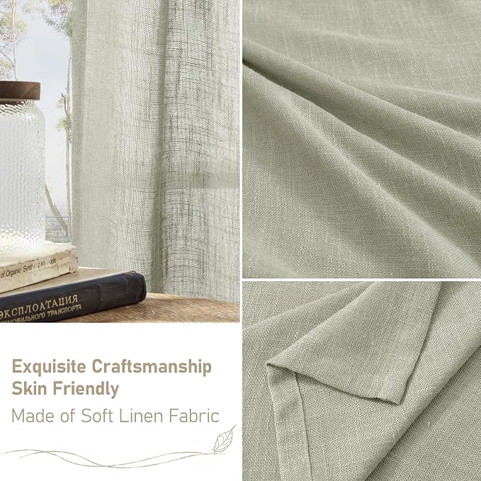 Sage Grey Linen Boho Curtains 68 inch Length 2 Panels, 52 x 68 Inch | Light Filtering, Semi Sheer Panels, Rod Pocket Back Tab, Neutral Drapes for Bedroom, Living Room, Window Treatment