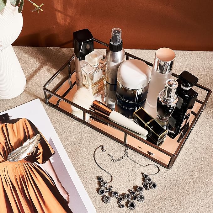 PuTwo Mirror Tray, Smoky Black Perfume Tray, Decorative Tray, Metal Vanity Tray, Jewelry Tray, Tray Decor, Decorative Trays, Glass Tray, Perfume Organizer, Vanity Trays for Bathroom, Counter, Bathroom