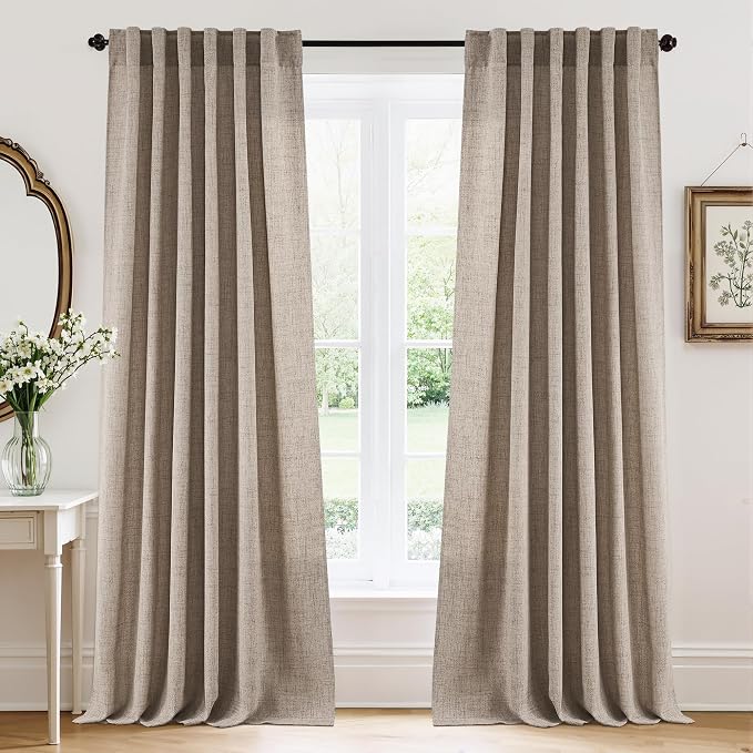 RYB HOME Sheer Curtains 102 inches, Extra Long Floor to Ceiling Curtains | Half Privacy, Light Filtering, Semi Sheer, Faux Linen Fabric, Living Room Bedroom, Back Tab, W52 x L102, 2 Panels, Oatmeal