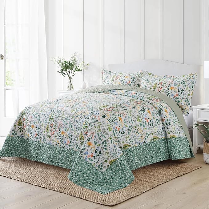 NEWLAKE Cotton Bedspread Quilt Sets-Reversible Patchwork Coverlet Set, Green Classic Floral Pattern, California King Size