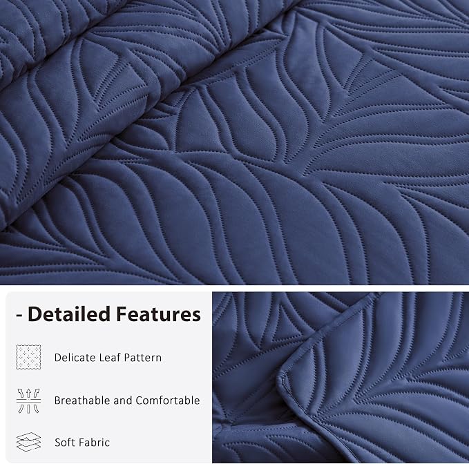 EXQ Home Quilt Set Full Queen Size Navy 3 Piece,Lightweight Soft Coverlet Modern Style Leaf Pattern Bedspread Set(1 Quilt,2 Pillow Shams)