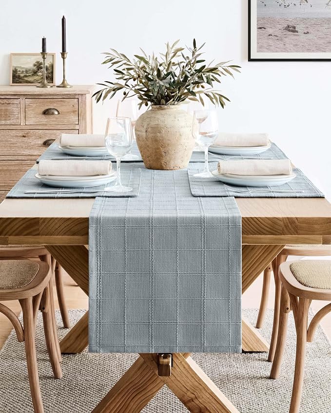 ZeeMart Linen Checked Farmhouse Table Runner, 13x36 Inches Chambray | Raised Grid Design, Rich Woven Texture, Linen Blend Table Runners 36 Inches Long, Machine Washable, Boho Home Kitchen Decor