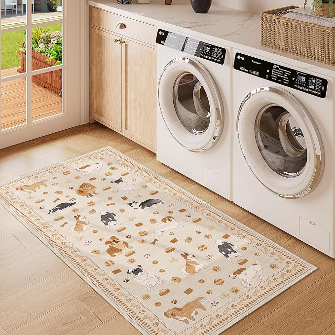 DUKINO 2x4 Rug Runner, Washable Dog Bathroom Rug Soft Non Slip Beige Yellow | Low Pile, Non-Shedding, Stain Resistant, Indoor Animal Carpet Runner for Kitchen Entryway Hallway Laundry Farmhouse Bedroom