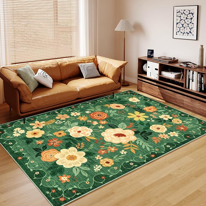 DUKINO 8x10 Area Rugs, Floral Washable Living Room Rug Non Slip, Dark Green | Low Pile, Stain Resistant, Soft Indoor Large Carpet for Bedroom, Dining Rom, Kids Playroom, Pet Friendly, Modern Home Decor