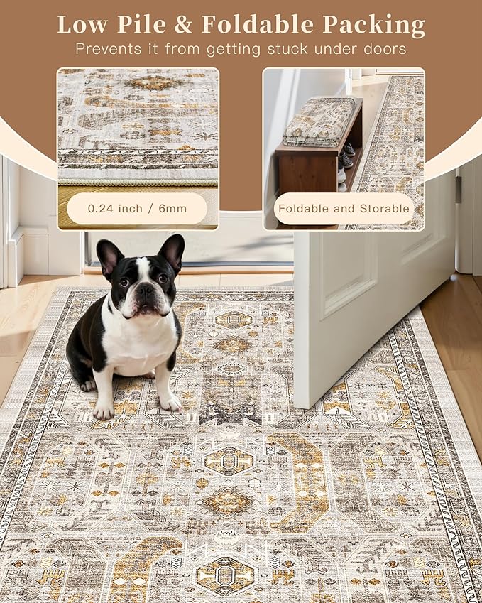 Madane Kitchen Runner Rug 2x7 with Rubber Backing Non Slip, Brown/Gold | Vintage Ultra-Thin Machine Washable Hallway Rugs 7 ft, Soft Low-Pile Throw Carpet Runners for Bedroom Bathroom Laundry Room