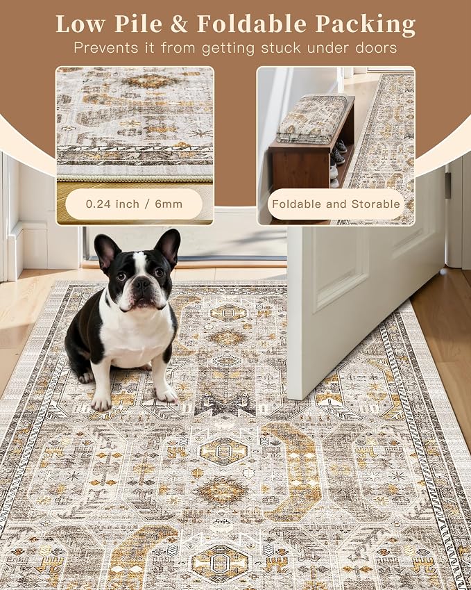 Madane 5x7 Area Rugs for Living Room, Non-Slip Washable Rug, Brown/Gold | Ultra-Thin Stain Resistant Vintage Large 5'X7' Carpet, Soft Low Pile Floor Mat For Bedroom Dining Room Office Home Decor