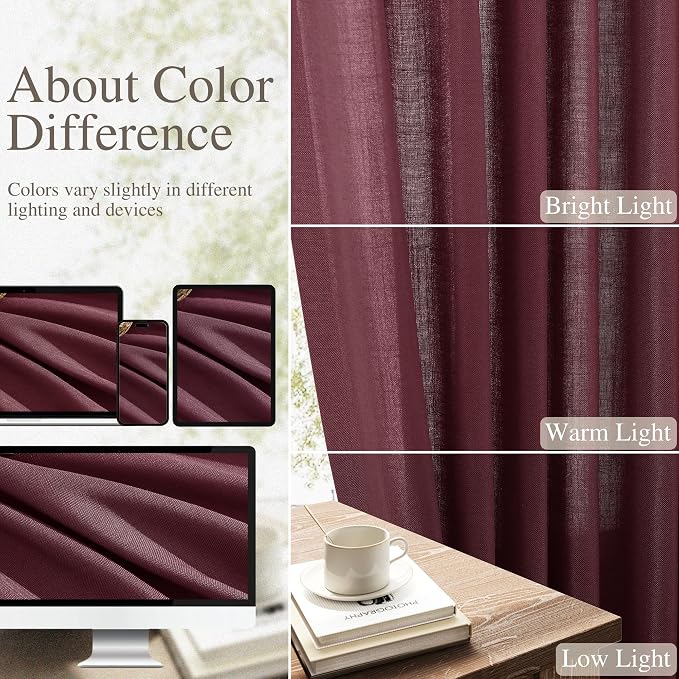 Extra Long Linen Curtains 108 Inches for Living Room Back Tab Semi Sheer High Floor to Ceiling 9ft Light Filtering Curtain Boho Farmhouse Decor Window Drapes for Bedroom 2 Panels Burgundy