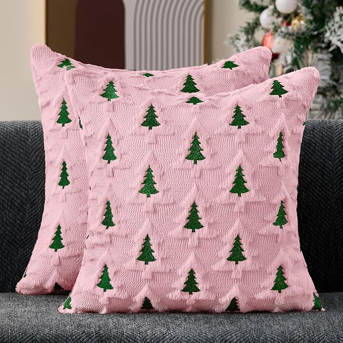 Allorry Christmas Pillow Covers 20x20 Set of 2 Pink Green Double Xmas Tree Pillow Covers Soft Plush Faux Fur Christmas Decorations for Xmas Winter Holiday Home Bedroom Sofa Cushion Cases PT-008F20