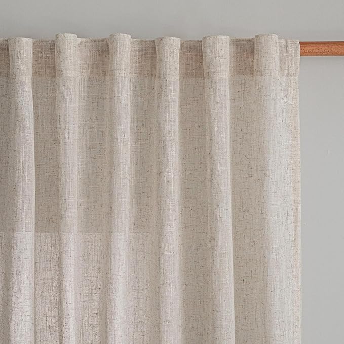 MYSKY HOME 90 Inches Long Curtains for Living Room, Semi Sheer Curtains & Drapes 2 Panels Set Natural Linen Curtain Farmhouse Country Style Back Tab Draperies for Sliding Glass Door, 50" Wide