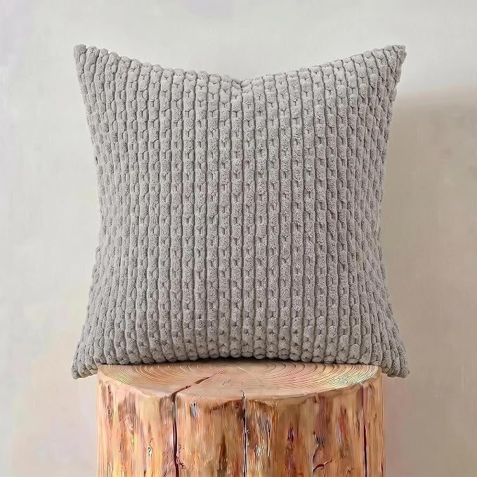 Fancy Homi Set of 2 Neutral Grey Decorative Throw Pillow Covers 18x18 Inch for Couch Bed Sofa Bedroom, Modern Farmhouse Boho Home Decor, Soft Fluffy Textured Corduroy Cute Gray Cushion Case 45x45 cm